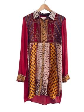 Ritu Kumar Silk Tunic Top Dress Multi Pattern Sheer Size 36 S/M Boho Printed